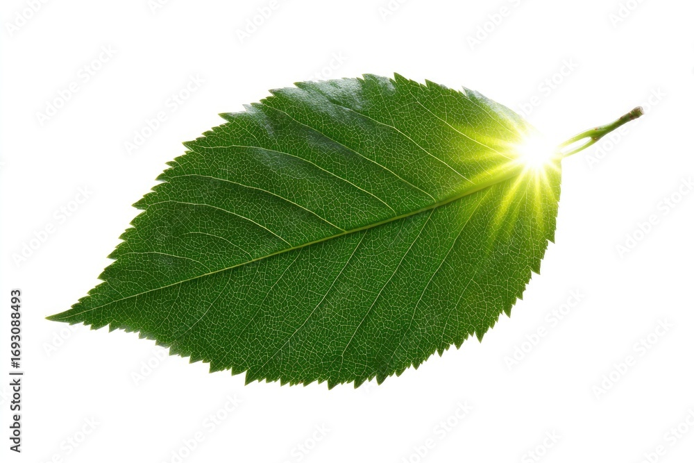 Fototapeta premium Single vibrant green leaf with sunlight