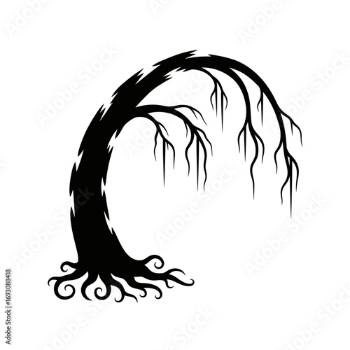 Vector art of silhouette of a spooky, leaning tree with bare branches, ideal for halloween themes and eerie designs