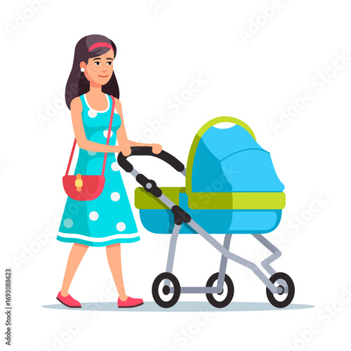 A woman with a pram in blue. Flat style vector illustration clipart