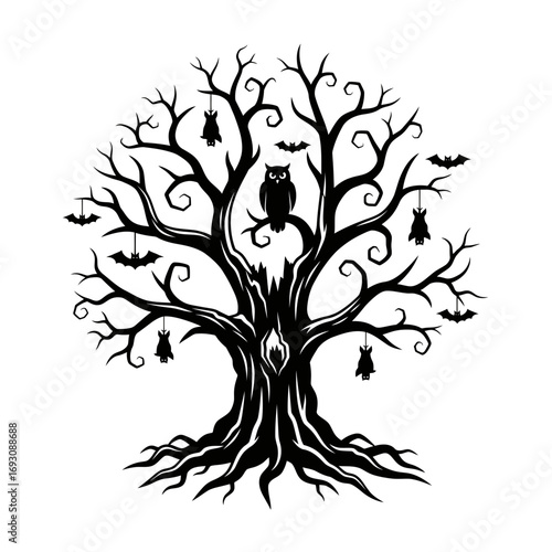 Vector art of spooky halloween tree with bats and owl silhouette of a scary tree with hanging bats and an owl sitting on a branch