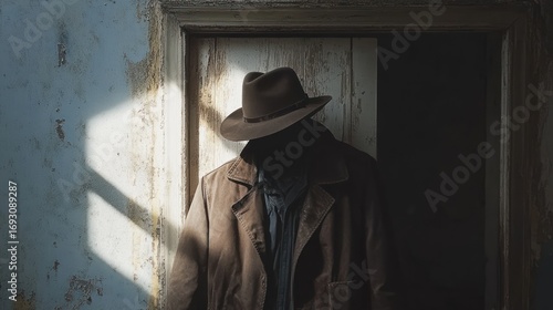 Shadowy figure poised in a dilapidated doorway evokes a sense of foreboding mystery