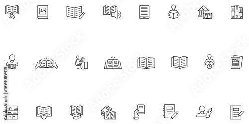 Book line icon set. Vector symbols for reading, education, knowledge, study, library, and learning. Features a clean, minimal design with an editable stroke. Perfect for web, and school projects.