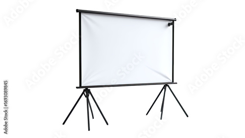 A blank white projection screen on a dark stand