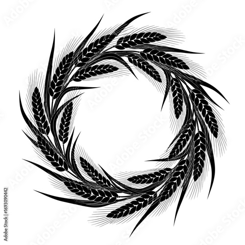 Vector art of a wreath of wheat ears, , a symbol of abundance, prosperity, and harvest in a circular black and white design