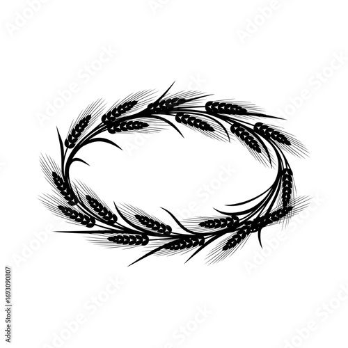 Vector art of elegant wheat wreath, perfect for rustic wedding invitations, farmtotable menus, or natural product labels, adding a touch of organic charm