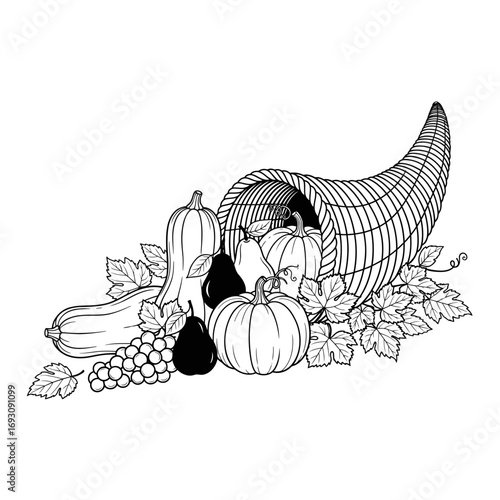 Vector art of hand drawn cornucopia with pumpkins, gourds, grapes, pears and leaves thanksgiving harvest illustration in black and white