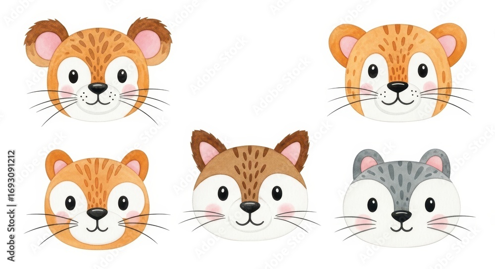 Fototapeta premium Collection of Cute Cartoon Animal Faces for Childrens Designs