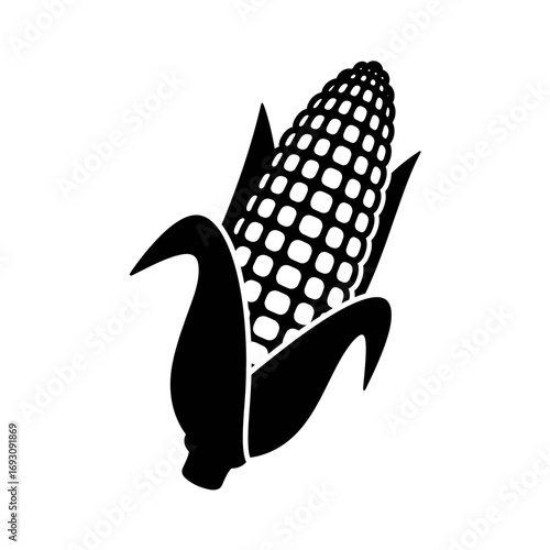 Vector art of a bold black corn cob with husk, a simple yet striking representation of a common and versatile food source