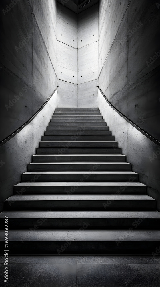 Fototapeta premium Ascend to new heights with this dramatic, modern concrete staircase leading towards bright, aspirational light.