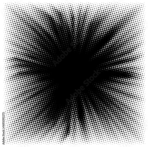 Halftone burst element background. Pop art dotted explosion blast collection. Comic light star glow.