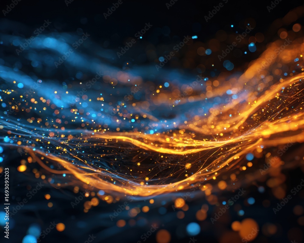 Obraz premium Dynamic abstract with glowing blue and orange light trails and particles over dark background