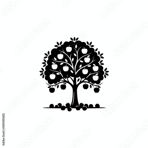 Vector art of silhouette of an apple tree full of fruit, symbolizing abundance, harvest, and the beauty of nature