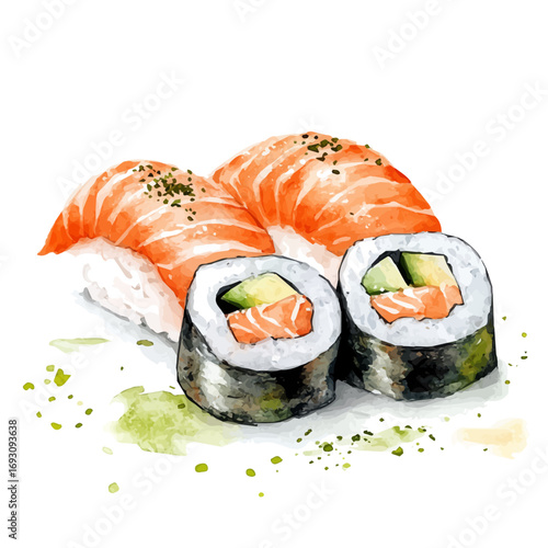 Sushi, watercolor illustration vector, isolated on a white background.