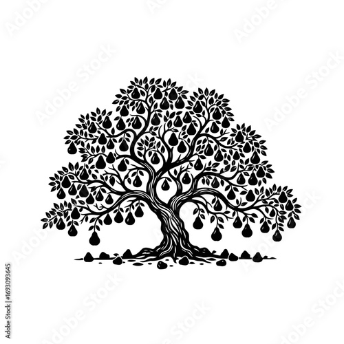 Vector art of silhouette of a pear tree full of fruit, a symbol of abundance and the beauty of natures bounty