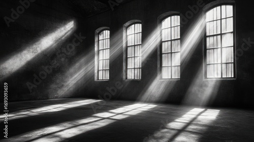 Rays of light cascade through arched windows illuminating empty urban abandoned space and creating