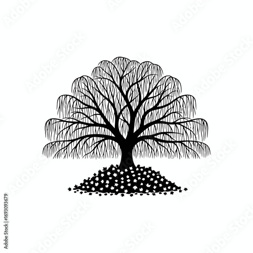 Illustration of a leafless weeping willow tree with a mound of rocks, representing strength and organic artistry