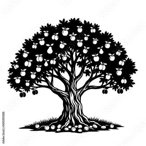 Illustration of a bountiful fruit tree with apples and pears, symbol of abundance, growth, and natural harvest