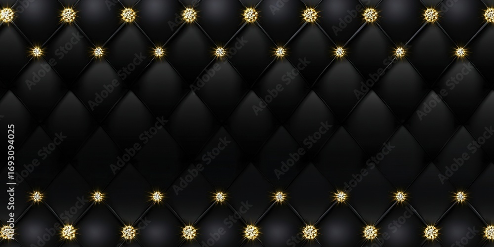 Fototapeta premium A black leather quilted background with gold diamond embellishments.