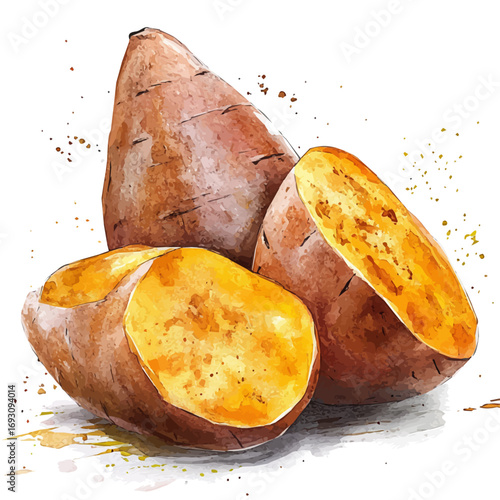 Sweet Potato, watercolor clipart vector, isolated on a white background.