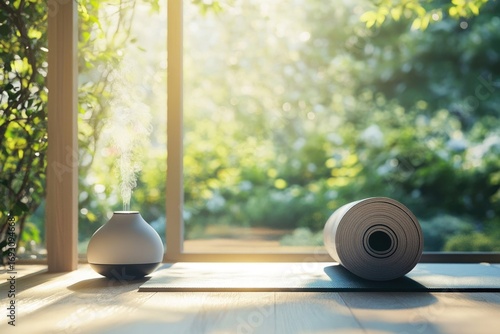 A serene home yoga space with essential oil diffuser and rolled-up mat near a sunlit window.