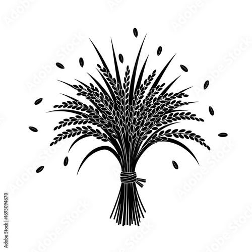 Vector art of a bundle of rice ears, tied with a rope, with grains scattered around, in a black and white vector illustration