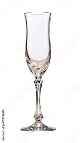 Clear glass champagne flute with etched details.  Stemmed, elegant design