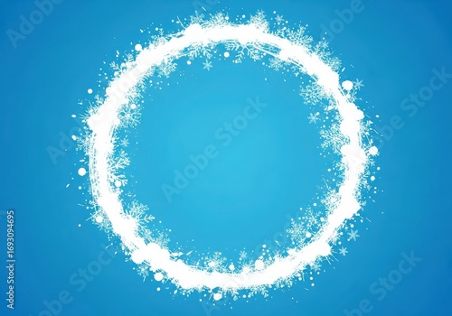 Abstract white snowflake circle frame on a bright blue winter background