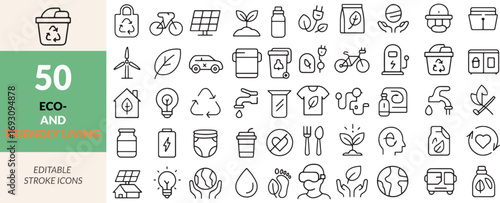 Eco-Friendly Living Icons Set Line Art Vector Illustration Sustainable Practices Environmentally Conscious Choices for a Better Future