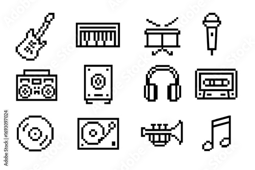 Pixel Music Icons. Line style icons of pixel music: pixel guitar, pixel keyboard, pixel drum, pixel microphone; pixel boombox,
