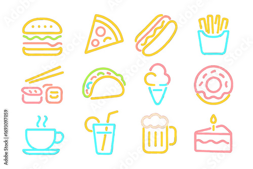 Neon Food Icons. Line style icons of neon food: neon burger, neon pizza, neon hotdog, neon fries; neon sushi, neon taco, neon ice