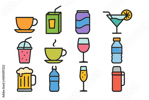 Colorful Drink Icons. Line style icons of colorful drinks: colorful coffee cup, colorful juice box, colorful soda can, colorful