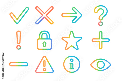 Colorful Icon Collection. Line style icons of colorful symbols: colorful checkmark, colorful X, colorful arrow, colorful question