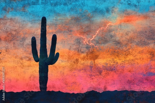 A lone saguaro cactus silhouetted against a vibrant desert sunset with a dramatic lightning strike.