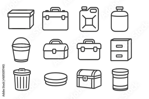 Metallic Container Icons. Line style icons of metallic containers: metallic box, metallic case, metallic canister, metallic flask;
