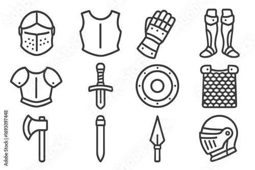 Metallic Weaponry Icons. Line style icons of metallic weapons & armor: metallic helmet, metallic breastplate, metallic gauntlet,
