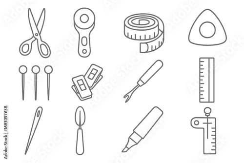Fabric Tools Icons. Line style icons of fabric tools: fabric scissors, fabric rotary cutter, fabric measuring tape, fabric chalk;