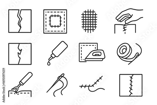 Fabric Repair Icons. Line style icons of fabric repair: torn fabric, patch fabric, darning stitch, hand mending; fabric tear,