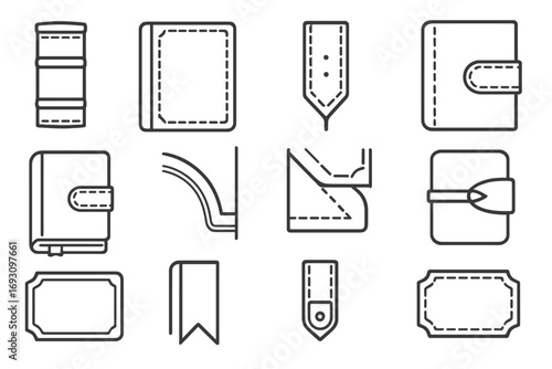 Leather Bookbinding Icons. Line style icons of leather bookbinding: leather book spine, leather cover, leather bookmark, leather