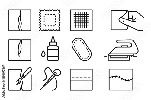Fabric Repair Icons. Line style icons of fabric repair: torn fabric, patch fabric, darning stitch, hand mending; fabric tear,