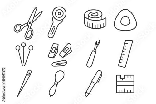 Fabric Tools Icons. Line style icons of fabric tools: fabric scissors, fabric rotary cutter, fabric measuring tape, fabric chalk;