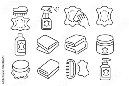 Leather Cleaning Icons. Line style icons of leather cleaning: leather polish brush, leather cleaner spray, leather wipe, leather