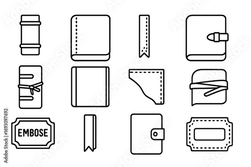 Leather Bookbinding Icons. Line style icons of leather bookbinding: leather book spine, leather cover, leather bookmark, leather