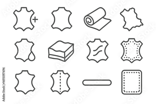 Leather Material Icons. Line style icons of leather materials: rawhide, leather hide, leather roll, leather scrap; dyed leather,