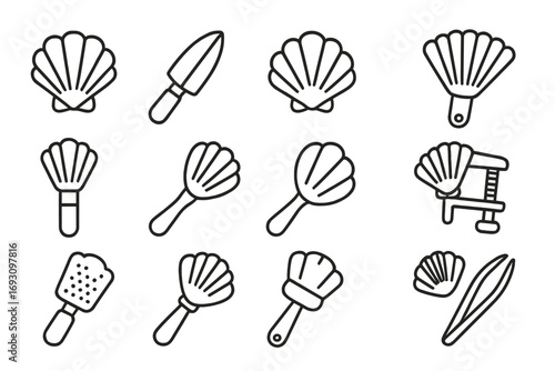 Shell Tool Icons. Line style icons of shell tools: shell scoop, shell knife, shell scraper, shell comb; shell brush, shell mixing