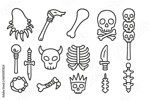 Line Art Tribal Bones. Line style icons of tribal bones: bone necklace, jawbone weapon, bone drumstick, ritual skull; spine staff,