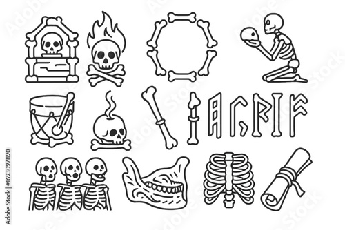 Bone Ritual Icons. Line style icons of bone rituals: bone altar, burning skull, bone circle, skeletal offering; bone drum, skull