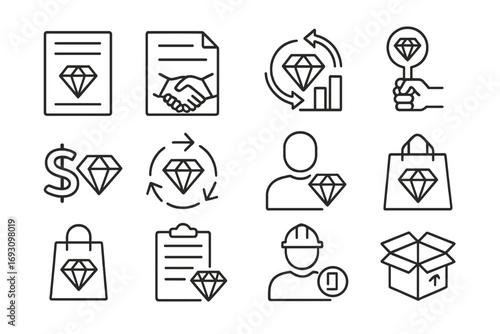 Diamond Trade Icons. Line style icons of diamond trade and market: gem certificate, trading contract, gem exchange, auction paddle