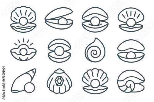 Pearls in Shells Icons. Line style icons of pearls in shells: open oyster with pearl, mussel holding pearl, clam with pearl,
