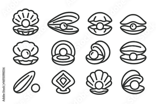 Pearls in Shells Icons. Line style icons of pearls in shells: open oyster with pearl, mussel holding pearl, clam with pearl,