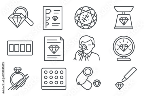 Gem Appraisal Tools. Line style icons of gem appraisal: diamond under loupe, grade chart, clarity map, carat scale; color grading